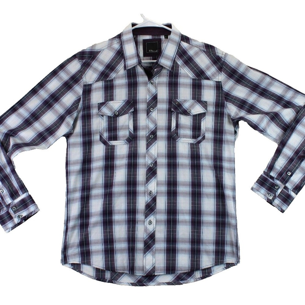 7 Diamonds Mens Plaid‎ Long Sleeve Snap Front Western Shirt XL Purple White Blue